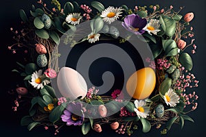 Easter frame with eggs and spring flowers. Generative AI illustration