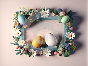 Easter frame with eggs and spring flowers. Generative AI illustration