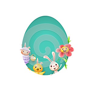 Easter friends sheep bunny chicken and flower peeking behind egg shape hole on turqouise background photo