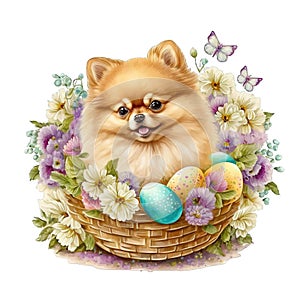 Easter Fun with Pomeranian Puppy and Watercolor Florals AI Generated