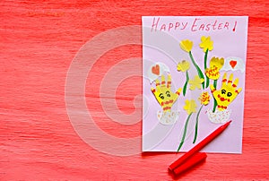 Easter funny kids card. Card with Easter eggs and flowers  from colorful paper. Handmade. Concept of children`s creativity. Copy