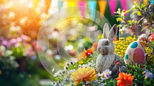 Easter Garden with Bunny Statue and Colorful Eggs