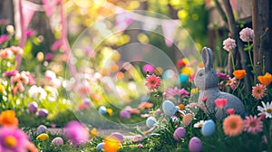 Easter Garden with Bunny Statue and Colorful Eggs