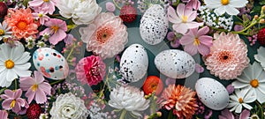 Easter Garden with flowers and Easter eggs top view. Happy Easter greeting card Images. Flat lay design mockup with Easter eggs