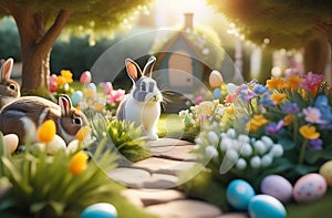 Easter garden, where flowers, eggs, and bunnies intertwine to form a whimsical and enchanting landscape