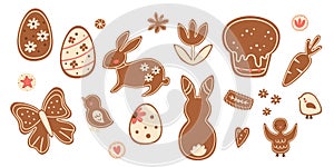 Easter gingerbread cookies set. Rabbit bunny, flower, Easter eggs, Easter cake, birds. Vector spring food illustration