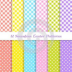 Easter Gingham and Polka Dot Vector Patterns in Coral, Yellow, Pink, Blue, Lime Green and Lavender Violet.