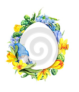 Easter gnome and spring flowers - narcissus, hyacinth, crocus in egg shape frame. Floral watercolor empty border wreath