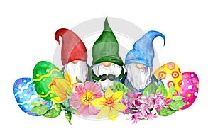Easter gnomes with decorated colored eggs, spring flowers narcissus, hyacinth . Watercolor for springtime holiday photo