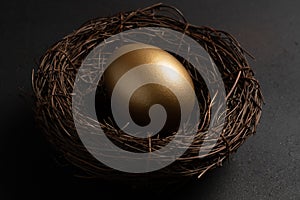 Easter Gold egg in nest on black background. Minimal concept