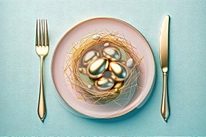 Easter golden egg nest table setting.