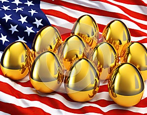 Easter golden eggs on flag of United States of America. Religious USA Holidays. Generative AI