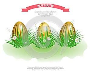 Easter golden eggs in green grass with flowers isolated on white background. Element for celebratory design. Vector