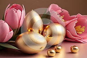 Easter golden eggs and pink tulips on pink background