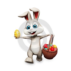 Easter gray bunny running with eggs bucket