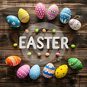 Easter greating card on wood background