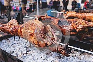 Easter in Greece, process of cooking traditional greek Easter dish - Souvla, grilled lamb, sheep and goat bbq, grilling over