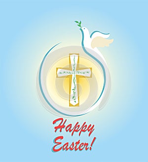 Easter greeting card with cross and flying white dove with olive branch on the blue background with yellow sun. Flat design