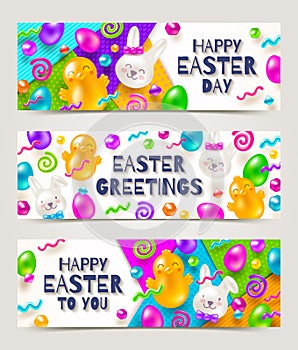 Easter greeting banners. Colorful marmalade and candys in the shape of rabbits, chickens, eggs and other forms