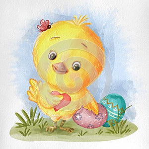 Easter greeting card with baby chick and easter eggs