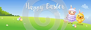 Easter greeting card banner - chicken and lamb hunting eggs - spring landscape background vector illustration