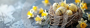 Easter Greeting Card with Bird Nest Basket, White & Yellow Eggs, and Daffodils Flowers for Holiday Celebration