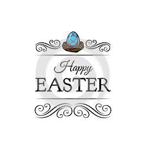 Easter greeting card. Bird nest, egg, swirls, ornate frame, decorations. Vector.