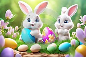 Easter greeting card with bunny, colourful eggs and flowers, 3d render modern illuatration