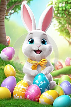 Easter greeting card. Bunny, colourful eggs and flowers, 3d render modern illuatration