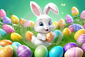 Easter greeting card. Bunny, colourful eggs and flowers, 3d render modern illuatration