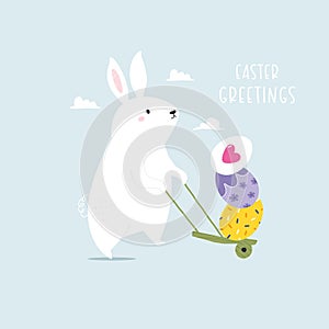 Easter greeting card with a bunny, rabbit walking with cart full of holiday eggs