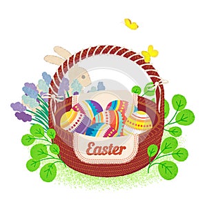 Easter greeting card, cartoon vector illustration with flowers, rabbit, butterflies and painted eggs in a basket. 