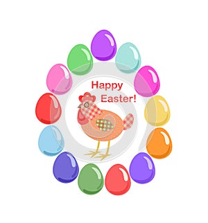 Easter greeting card with colorful painted glass eggs frame and funny hen in patchwork style