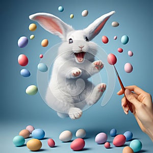 Easter greeting card with a comical cheerful laughing hare juggling colored Easter eggs in a jump