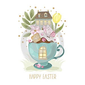 Easter greeting card with a Cup , flowers, eggs, bird, and composition elements.