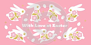 Easter greeting card with cute bunnies and spring flowers. Elegant vector illustration of rabbits, floral branches and eggs