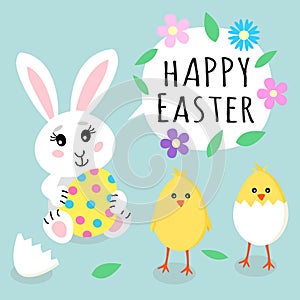 Easter greeting card. Cute rabbit bunny holding colored egg with dots and cute little yellow chicks in cracked eggs and