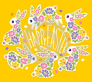 Easter greeting card with cute rabbits and spring flowers. Elegant vector illustration of playful bunnies with flowers