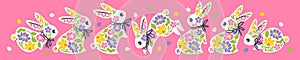 Easter greeting card with cute rabbits and spring flowers. Vector illustration of bunnies with flowers and easter eggs