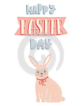 Easter greeting card with cute sitting pink Easter bunny and hand lettering phrase - Happy Easter day. Color flat