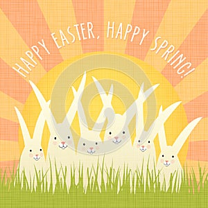 Easter greeting card design with group of happy rabbits