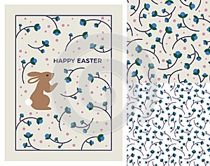 Easter Greeting Card Design and Set of Seamless Patterns. Vector Illustration of Cute Bunny and Florals. Easter Rabbit