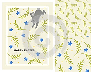 Easter Greeting Card Design with Set of Seamless Patterns. Vector Illustration of Cute Bunny and Florals. Easter Rabbit