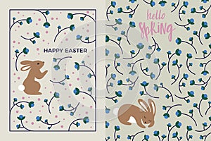 Easter Greeting Card Design Set. Vector Illustration of Cute Bunny and Florals. Easter Rabbit Holiday Poster