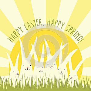 Easter greeting card design with white bunnies