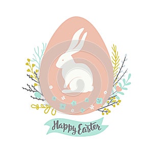 Easter Greeting Card with egg, floral wreath, rabbit and hand drawn lettering on white background.