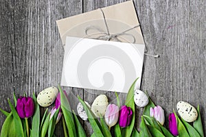 Easter greeting card with eggs and purple tulips