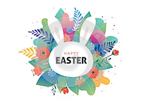 Easter greeting card - flowers and cute bunny. Vector design