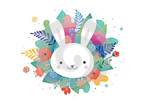 Easter greeting card - flowers and cute bunny. Vector design