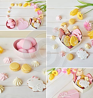 Easter greeting card with flowers, gingerbread cookies and eggs. Easter Postcard Template. Cookies in shape of eggs and Easter